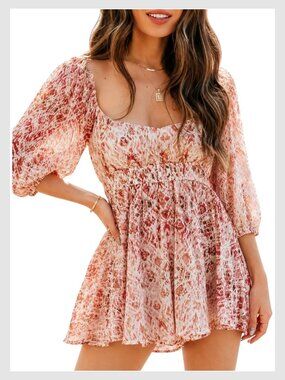 VICI Floral Smocked Romper Blouson Sleeve Rust Multi XL